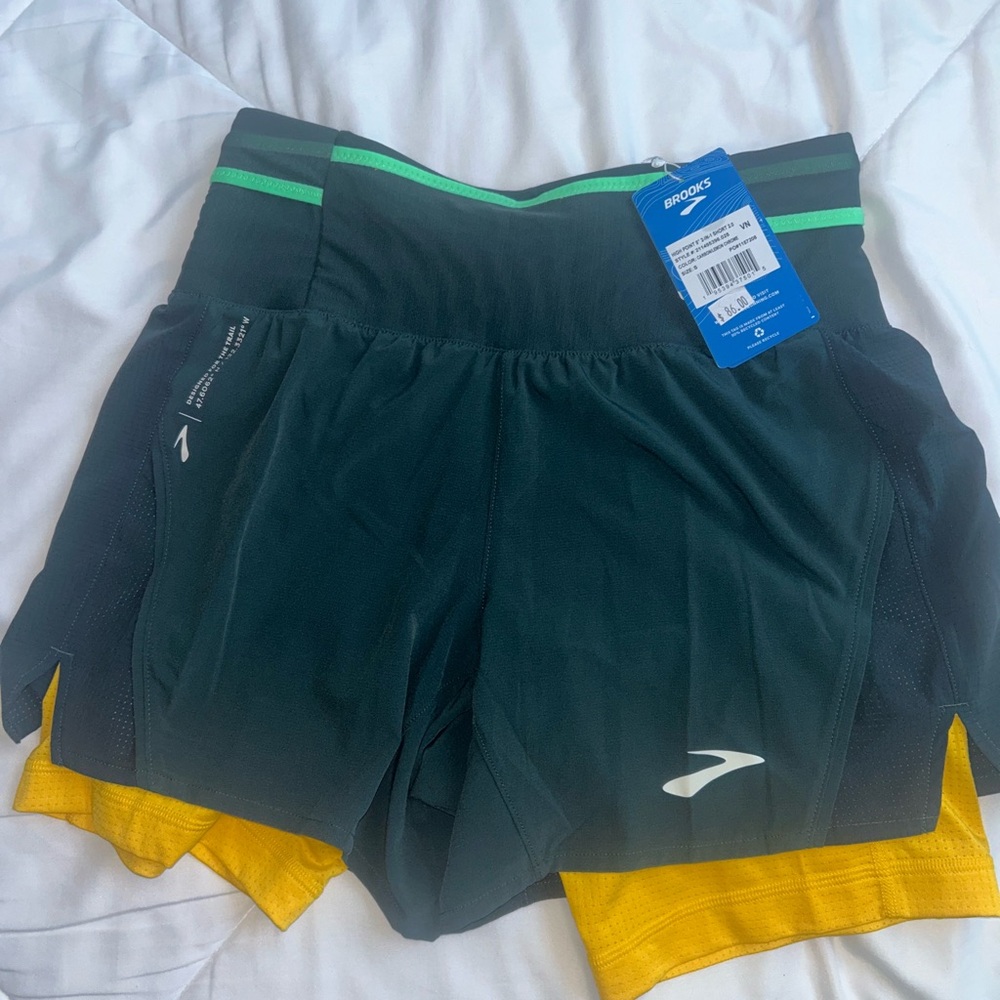 Brooks Men's Athletic Shorts - Dark Green and Yellow